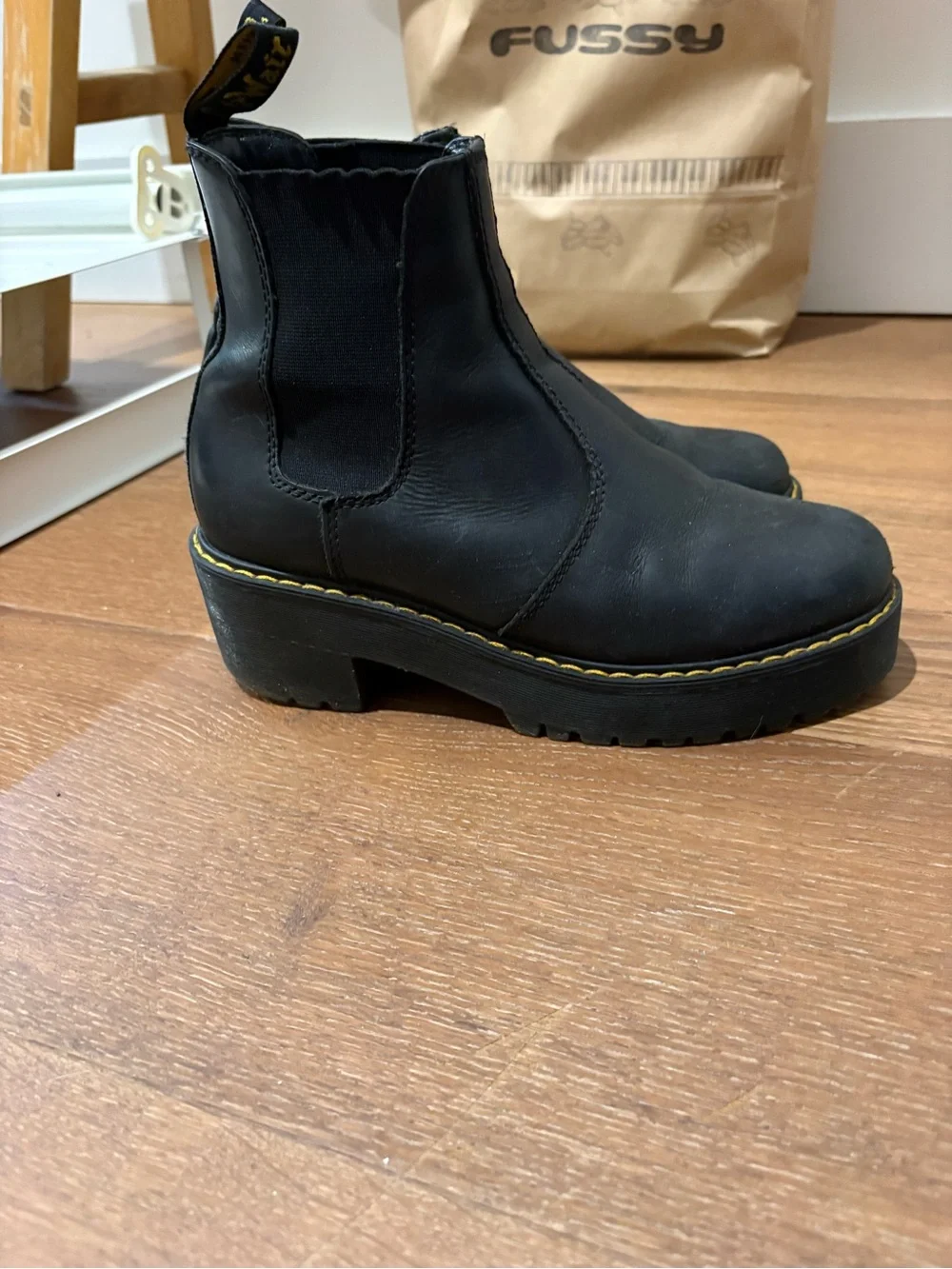 Dr. Martens Black Leather Chelsea Ankle Boots with Yellow Stitching